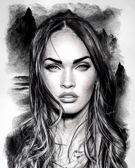 Image similar to megan fox face blended with beautiful mountain scenery in the style of dan mountford, tattoo sketch, double exposure, hyper realistic, amazing detail, black and white