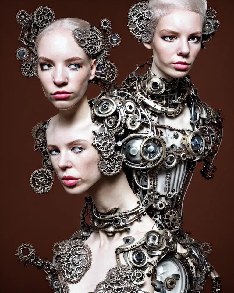 Image similar to highly detailed full body portrait of a complex bio-mechanical beautiful young female cyborg with a steampunk metal fine lace face, retrofuturistic depressing hopeless horrific vibe, full shot, pale skin, curled silver metallic hair and a fine metal floral foliage lace collar by Alexander McQueen:: high fashion, haute couture, rococo, steampunk, fine silver filigree details, anatomical, facial muscles, cable wires, microchip, elegant, hyper realistic, 150 mm lens, soft rim light, octane render, unreal engine, volumetric lighting, 8k, muted reflective metallic coloring, sharp focus