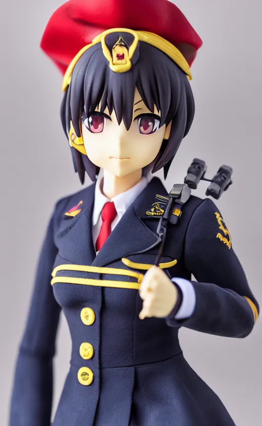 Prompt: toy photo, realistic face, kancolle uniform, portrait of the action figure of a girl, anime character anatomy, 3d printed, plastic and fabric, figma by good smile company, collection product, dirt and smoke background, navy flags, realistic military gear, 70mm lens, hard surfaces, photo taken by professional photographer, trending on Twitter, symbology, 4k resolution, low saturation, realistic ship addons