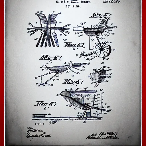 Image similar to a patent drawing of mechanical bird robots, birds of all kinds, infographic, intricate drawing, 1960s advertising, watercolour, ink drawing, patent drawing, wireframe, technical and mechanical details, descriptions, explosion drawing, CAD