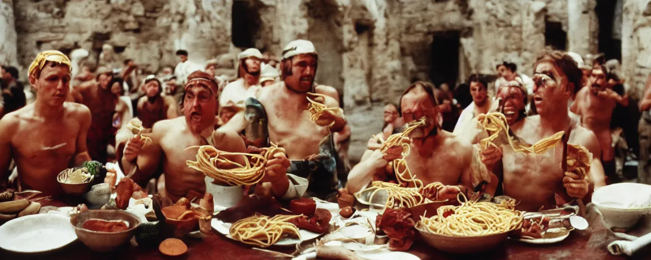 Image similar to ancient romans gladiators eating big bowl of spaghetti!!!!, architectural, minimal, canon 5 0 mm, wes anderson film, kodachrome, retro