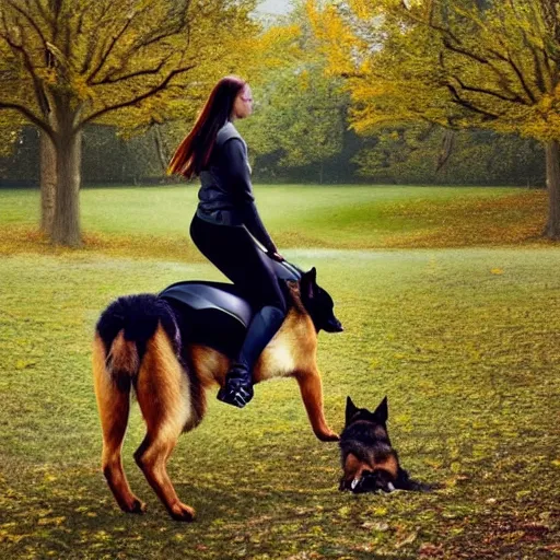 Image similar to girl riding a giant German shepherd in the park, trending on artstation