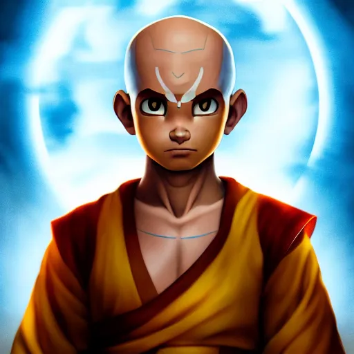 Prompt: a portrait of Avatar Aang by Zack Snyder, Christopher Nolan, Steven Spielberg, Avatar the Last Airbender, 8k photorealistic, cinematic lighting, HD, high details, dramatic, trending on artstation, view from below, dark atmosphere