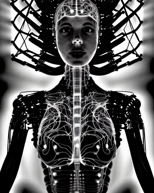 Image similar to black and white cyborg - plant goddess high quality photo, microchip, artificial intelligence, bio - mechanical bio - luminescence, black wired cables, neurons, nerve cells, cinematic, rim light, photo - realistic, high detail, 8 k, masterpiece, high fashion, in the style of steven meisel dora maar h. g. giger