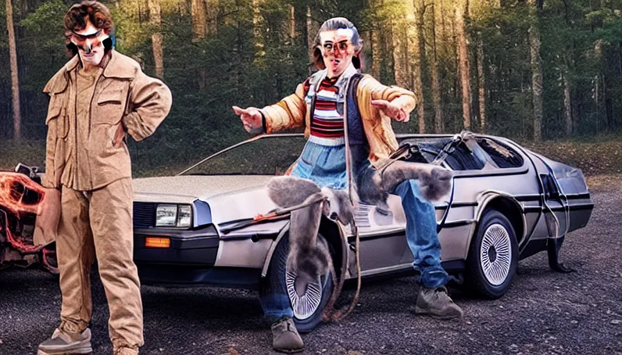 Image similar to eleven from stranger things standing next to the delorean from (back to the future), real life, fire trails behind tires, photoshoot, hyper realistic