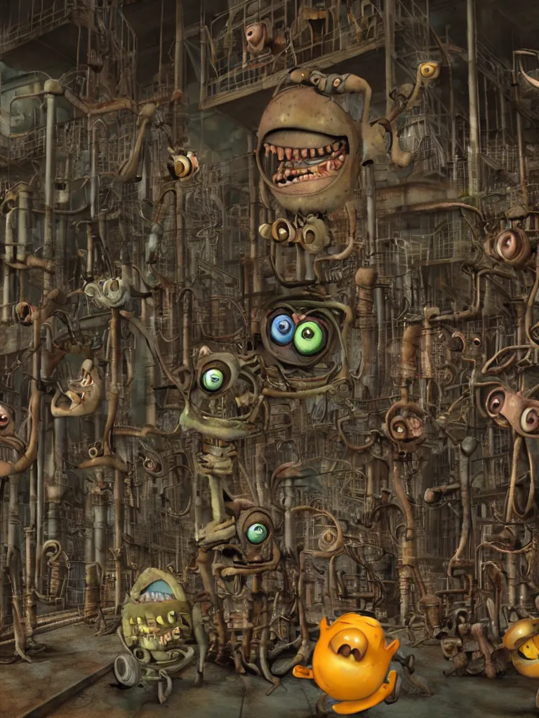 Prompt: A grungy, rusty industrial factory crammed with equipment and dimly lit with spotlights containing cute tim burton style bug-eyed smiling toothy grin monsters. highly detailed 3D rendered in pixar renderman