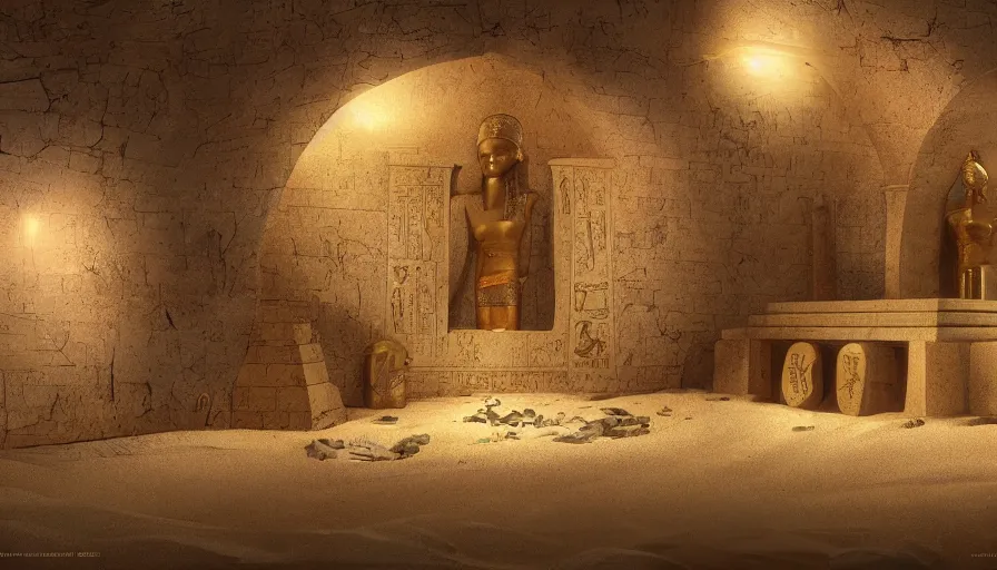 Image similar to egyptian crypt with tons of sand inside and gold coins, treasures, hyperdetailed, artstation, cgsociety, 8 k