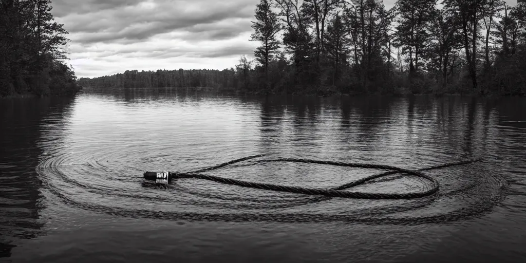 Image similar to centered photograph of a long rope snaking across the surface of the water, floating submerged rope stretching out towards the center of the lake, a dark lake on a cloudy day, mood, trees in the background, anamorphic lens