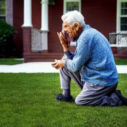 Prompt: an elderly man in pain with a 🏈 in the groin on the front lawn. long shot 3 /