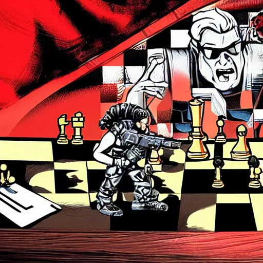 Prompt: Duke Nukem playing chess, Duke Nukem art style, explosive background