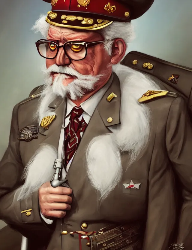 Image similar to a portrait of colonel sanders as a dictator, by moebius and tyler edlin and hr giger, trending on artstation, digital art, 4 k resolution, detailed, high quality, sharp focus, hq artwork, coherent, insane detail, concept art