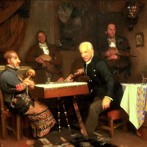 Prompt: Oil painting of Joe Biden playing the Hurdy Gurdy at a fantasy tavern, by ivan shishkin and aivazovsky
