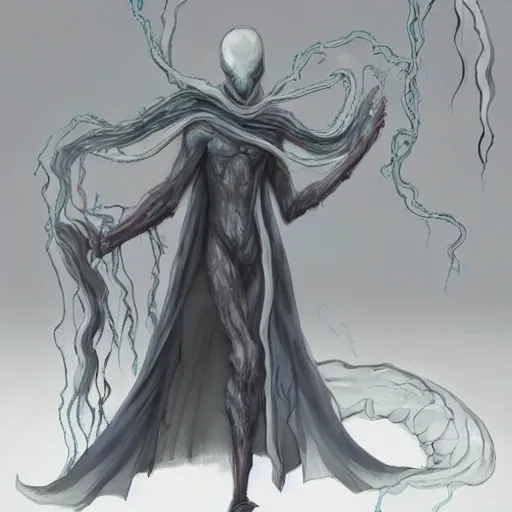 Image similar to concept designs for an ethereal ghostly wraith like figure with a squid like parasite latched onto its head and long tentacle arms that flow lazily but gracefully at its sides like a cloak while it floats around a frozen rocky tundra in the snow searching for lost souls and that hides amongst the shadows in the trees, this character has hydrokinesis and electrokinesis for the resident evil village video game franchise with inspiration from the franchise Bloodborne and the mind flayer from stranger things on netflix in the style of a marvel comic