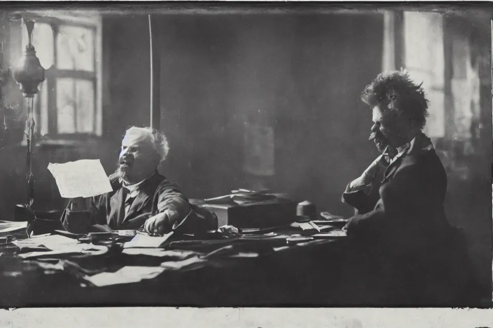 Prompt: wet plate photograph, august strindberg angry shouting throwing papers and banging his fist on a secretary desk in a small messy viennese apartment, night time, alone, lamplight, victorian era, some large bugs, depth of field, very detailed, cigarette smoke, highly accurate, intricate