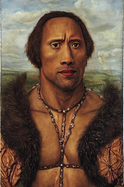 Prompt: dwayne the rock johnson, renaissance 1 6 0 0 portrait of dwyane the rock, oil painting by jan van eyck, northern renaissance art, oil on canvas, wet - on - wet technique, realistic, expressive emotions, intricate textures, illusionistic detail