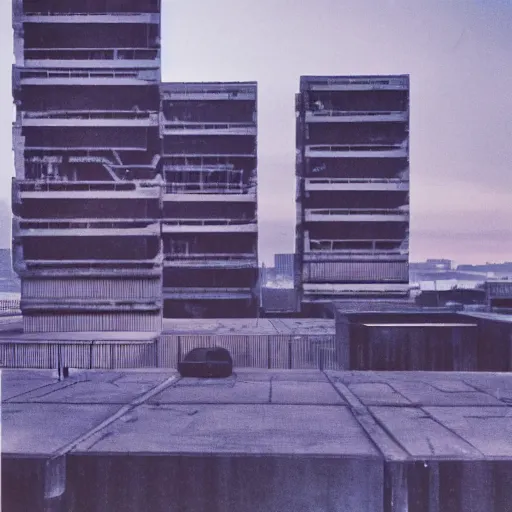 Image similar to 1984, Orwellian dystopia, brutalist buildings, deep blue atmosphere, blue hour