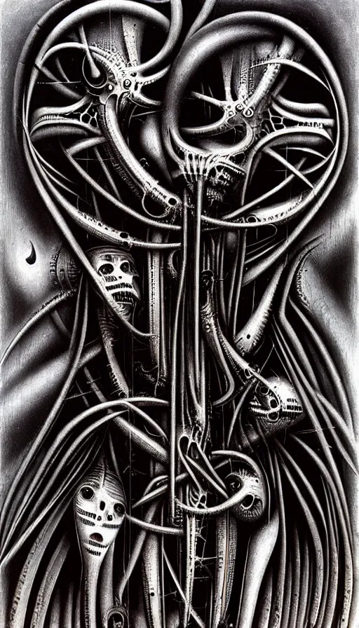 Image similar to the two complementary forces that make up all aspects and phenomena of life, by HR Giger