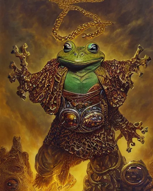Prompt: detailed portrait of a Frog as a powerful dungeons and dragons wizard, wearing gilded robe, intricate, hyper detailed, realistic, oil painting, by jeff easley, boris vallejo, cinematic lighting