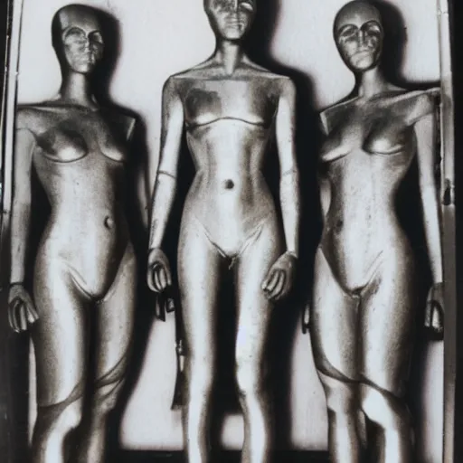 Prompt: three humanoid replicants who look like the statue of liberty, stand uncomfortably close to the camera, polaroid, flash photography, photo taken in a completely dark storage room where you can see some empty boxes in the background, very thick thighs