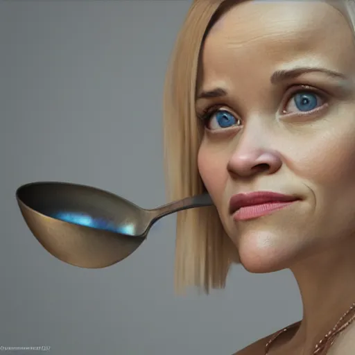 Image similar to hyperrealistic film still of reese witherspoon, holding a metal spoon, stunning 3 d render, inspired by istvan sandorfi & greg rutkowski & unreal engine, perfect symmetry, dim volumetric cinematic lighting, 8 k octane comprehensive render, extremely hyper - detailed, incredibly lifelike attributes, intricate, real flesh texture, masterpiece, artstation, stunning,