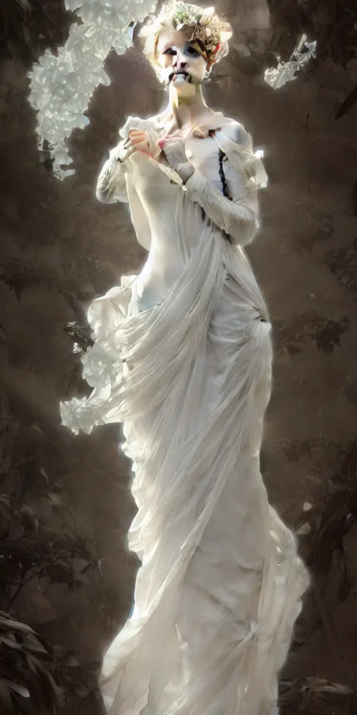 Image similar to woman dressed in a vaporous wrapped large victorian white roses silk semi-transparent dress fashion is running D&D, fantasy, intricate, elegant, highly detailed, digital painting, artstation, concept art, matte, sharp focus, illustration, art by Artgerm and Greg Rutkowski and Alphonse Mucha