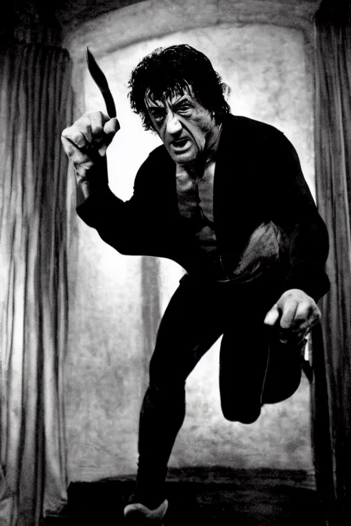 Image similar to sylvester stallone as edgar allen poe, cinematic, dramatic, mood lighting