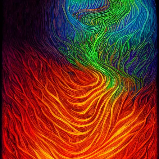 Image similar to a river runs here, a fiery river, from east to west, from west to north. over that river the fiery river drives the light. light transports souls. award - winning, very trending, esoteric art, 2 k, 4 k, pen and pencil