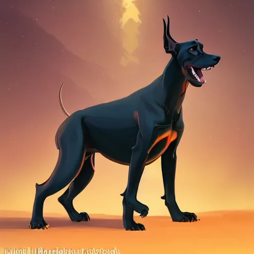 Image similar to portrait of an antropomorphic doberman creature, black hair, human body, angry look, ready for battle, masterpiece, mattepainting concept blizzard pixar maya engine on cold night stylized background splash comics global illumination lighting artstation lois van baarle, ilya kuvshinov, rossdraws