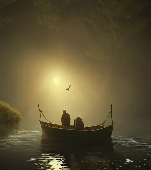 Image similar to three crows in a little boat in a swamp at night, volumetric lighting, fog, majestic light, octane render, ethereal glare of the sun, hyperrealistic, epic, masterpiece, by greg rutkowski