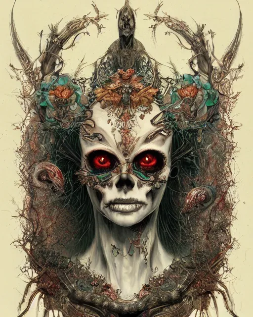 Prompt: perfectly centered portrait front view of a angry dead rotten beautiful female skull growing ornamentation all around, ornate, detailed, symmetrical, elegant, beautifully soft lit, by wayne barlowe, peter mohrbacher, kelly mckernan