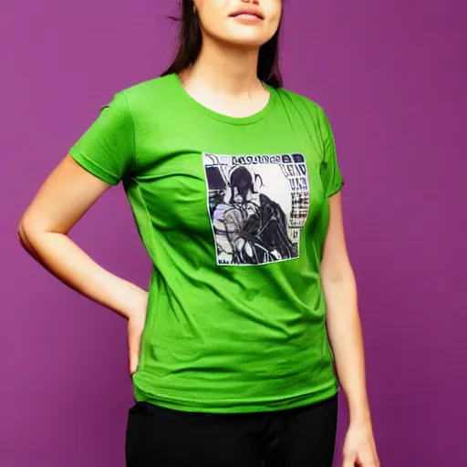 Prompt: woman wearing a tight silk - screened t - shirt that says'dohoonkabhankoloos'across the chest, official product photo