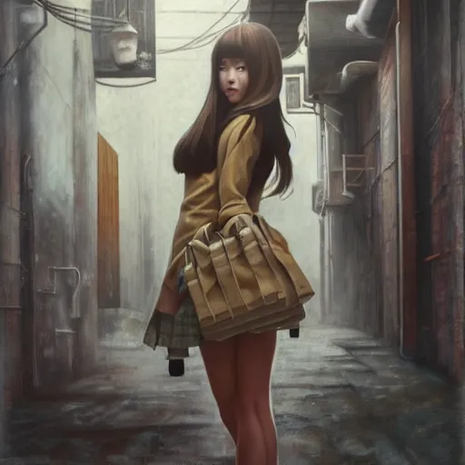 Image similar to a perfect, realistic professional 70s oil painting of a Japanese schoolgirl posing in a dystopian alleyway, style of Marvel, full length, by a professional American senior artist on ArtStation, a high-quality hollywood-style concept