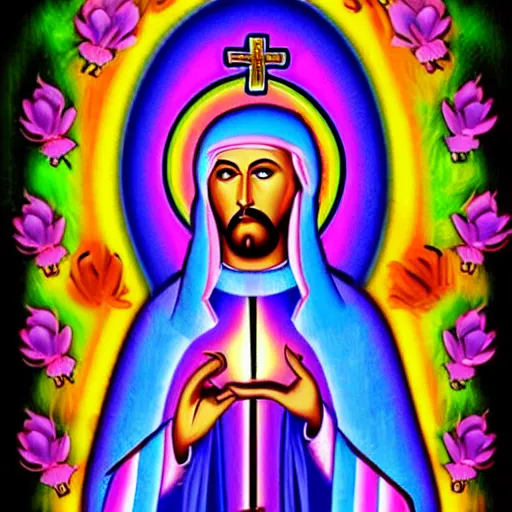 Prompt: holy catholic saint by Lisa Frank