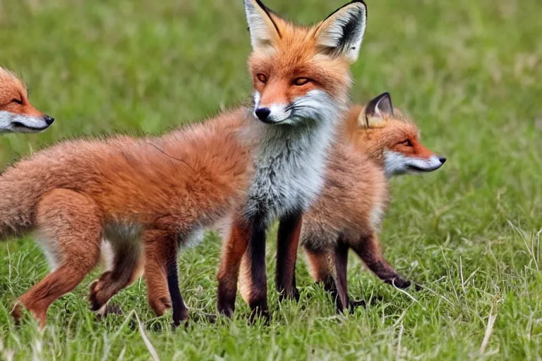 Prompt: Foxes playing in a meadow, fox pups, animal photography, close up shot