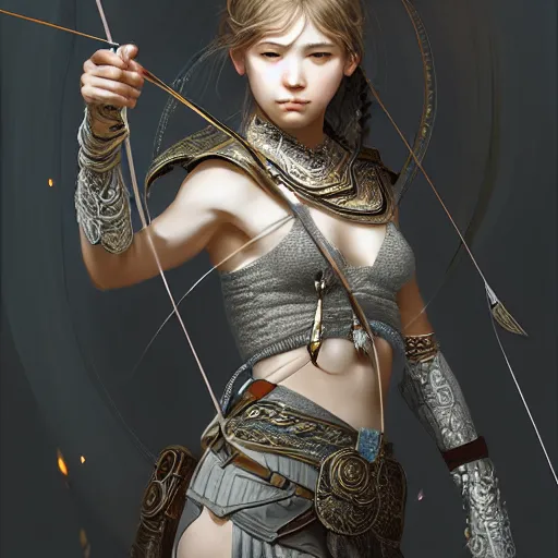 Image similar to beautiful extremely detailed intricate concept art depicting an archer by wlop. shining jewelry. grey atmosphere. particles in the background. deviantart