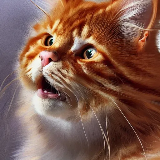 Prompt: orange maine coon cat yawning, norwegian forest cat, cuddly fur, highly detailed, sharp focus, digital painting, artwork by Victor Adame Minguez + Yuumei + Tom Lovell + Sandro Botticelli