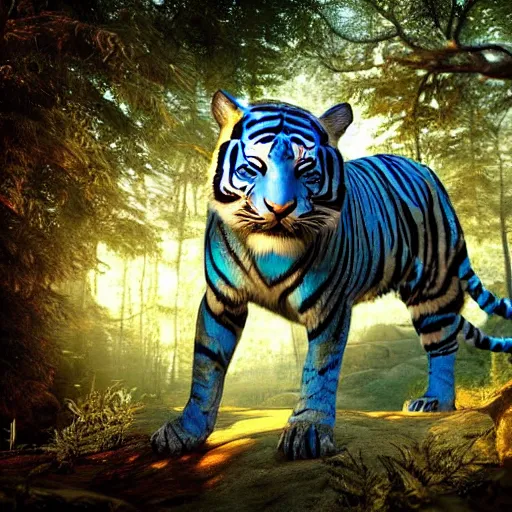 Prompt: fantasy blue tiger with wings in a forest, landscape, realistic, highly detailed, sharp focus, octane render, illustration, trending on Artstation