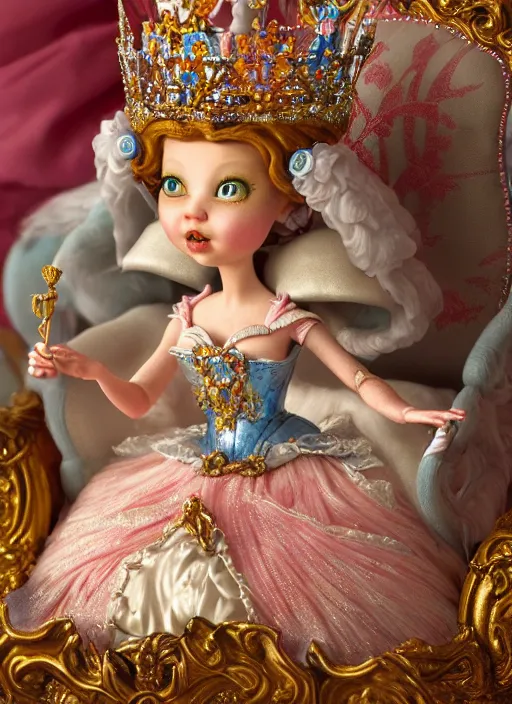 Image similar to highly detailed closeup, portrait of a tin toy fairytale princess wearing a crown and sitting on a throne eating cakes, unreal engine, nicoletta ceccoli, mark ryden, earl norem, lostfish, global illumination, detailed and intricate environment