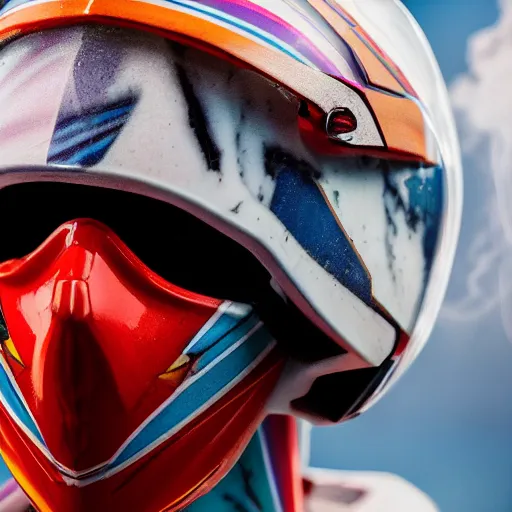 Image similar to extremely beautiful photo of a white marble statue of a girl with colorful motocross logos and motorcycle helmet with closed visor, colorful smoke in the background, carved marble statue, symmetrical, vogue, fine art, neon genesis evangelion, virgil abloh, offwhite, denoise, highly detailed, 8 k, hyperreal