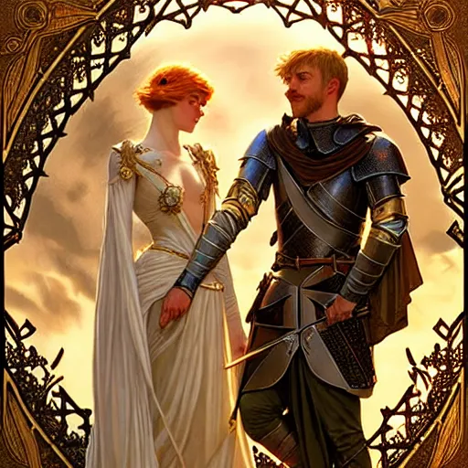 Image similar to attractive arthur pendragon and his favourite attractive knight, they are in love, camelot, natural lighting, path traced, highly detailed, high quality, digital painting, by gaston bussiere and ross tran and j. c. leyendecker and alphonse mucha