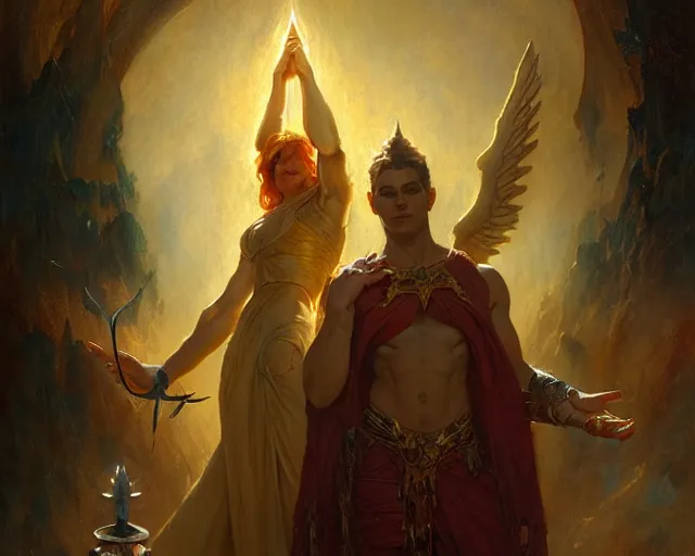 Image similar to attractive male deity, casting demonic magic, summoning handsome lucifer morning star. highly detailed painting by gaston bussiere, craig mullins, j. c. leyendecker 8 k