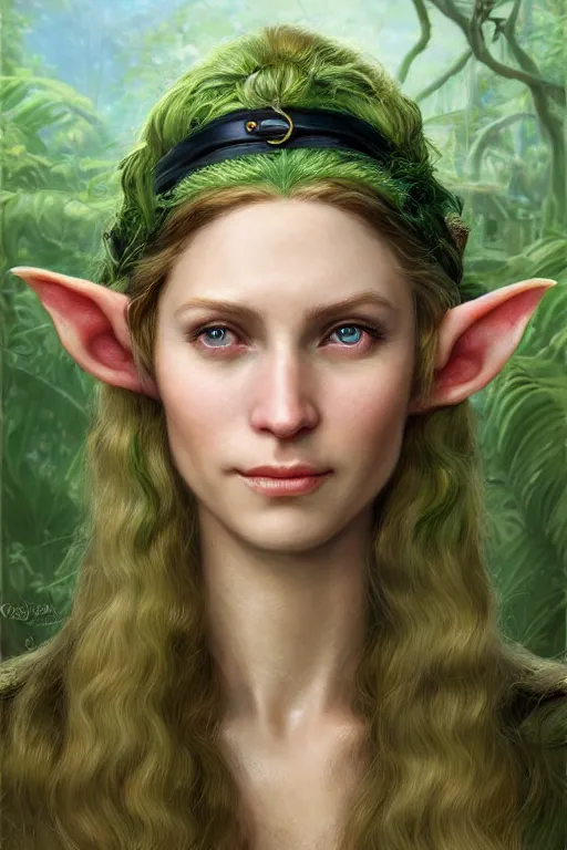 Image similar to Face portrait of a gorgeous Elf lady, long golden hair, jungle ranger attire, pale skin, light green eyes, small nose, pretty smile, black headband, Alone, no extra characters, pointy ears high fantasy, by Joseph Christian Leyendecker, by donato giancola, matte painting, rending on artstation, artstationHD, artstationHQ, no extra characters, no extra arms, no extra hands, HD 8K