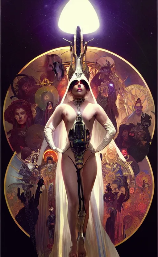 Prompt: lady gaga as atomic priestess, gorgeous lighting by weta studio, mucha, bautista and norman rockwell and greg rutkowski and tom bagshaw and james gurney and lucasfilm