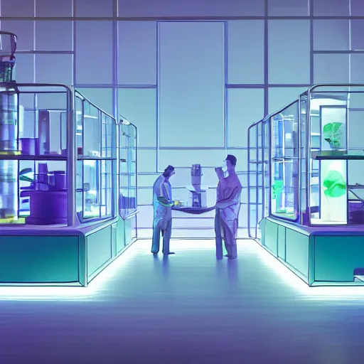 Prompt: establishing shot of a futuristic botanical lab, two scientist on a platform in foreground, teal lighting, photo realistic