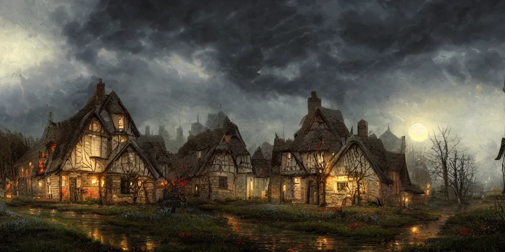 Prompt: beautiful digital illustration dark and spooky old village with foreboding skies, with blue and black delicate flowers, painted by Caspar David Friedrich and thomas kinkade, fine details, 4k,Trending on artstation.