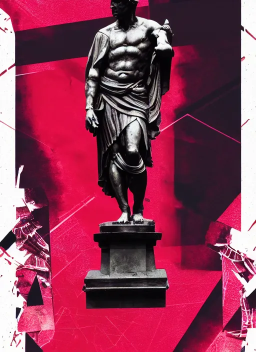 Image similar to black background with subtle red and purple design elements, statue of julius caesar, nekro, design, collage art, thin lines, dark, glitch art, neo vaporwave, gritty, layout frame, trending on artstation