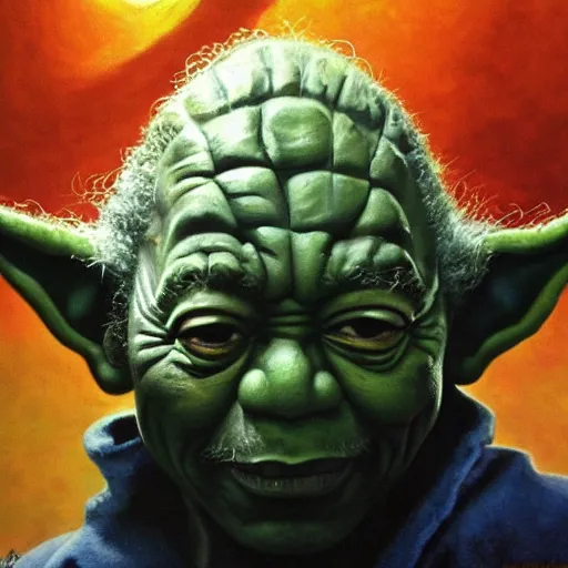 Image similar to ultra realistic portrait painting of morgan freeman as yoda, art by frank frazetta, 4 k, ultra realistic, highly detailed, epic lighting