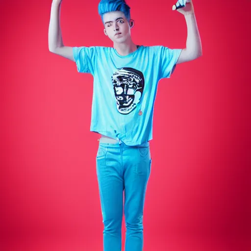 Image similar to a portrait of a teenager with cyan colored hair, white t - shirt with a no symbol on it, blue long pants and red shoes, holding a microphone, studio lighting, photoshoot, grey backdrop