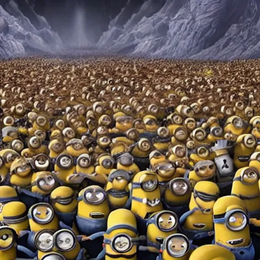 Image similar to POV of one hundred minions chasing you. The minions are carrying torches and pitchforks. The minions are angry. concept art, sharp lighting, 4k, detailed, Peter Jackson, Ridley Scott, bright colors