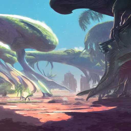 Image similar to concept art painting of an alien world full of alien dinosaurs, detailed, cel shaded, in the style of makoto shinkai and moebius and james gurney